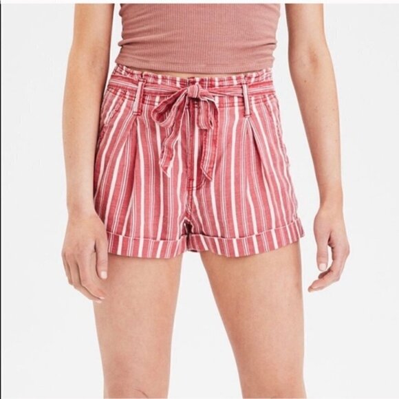 American Eagle AEO Red & White High Rise Paperbag Shorts 0 - Picture 1 of 4